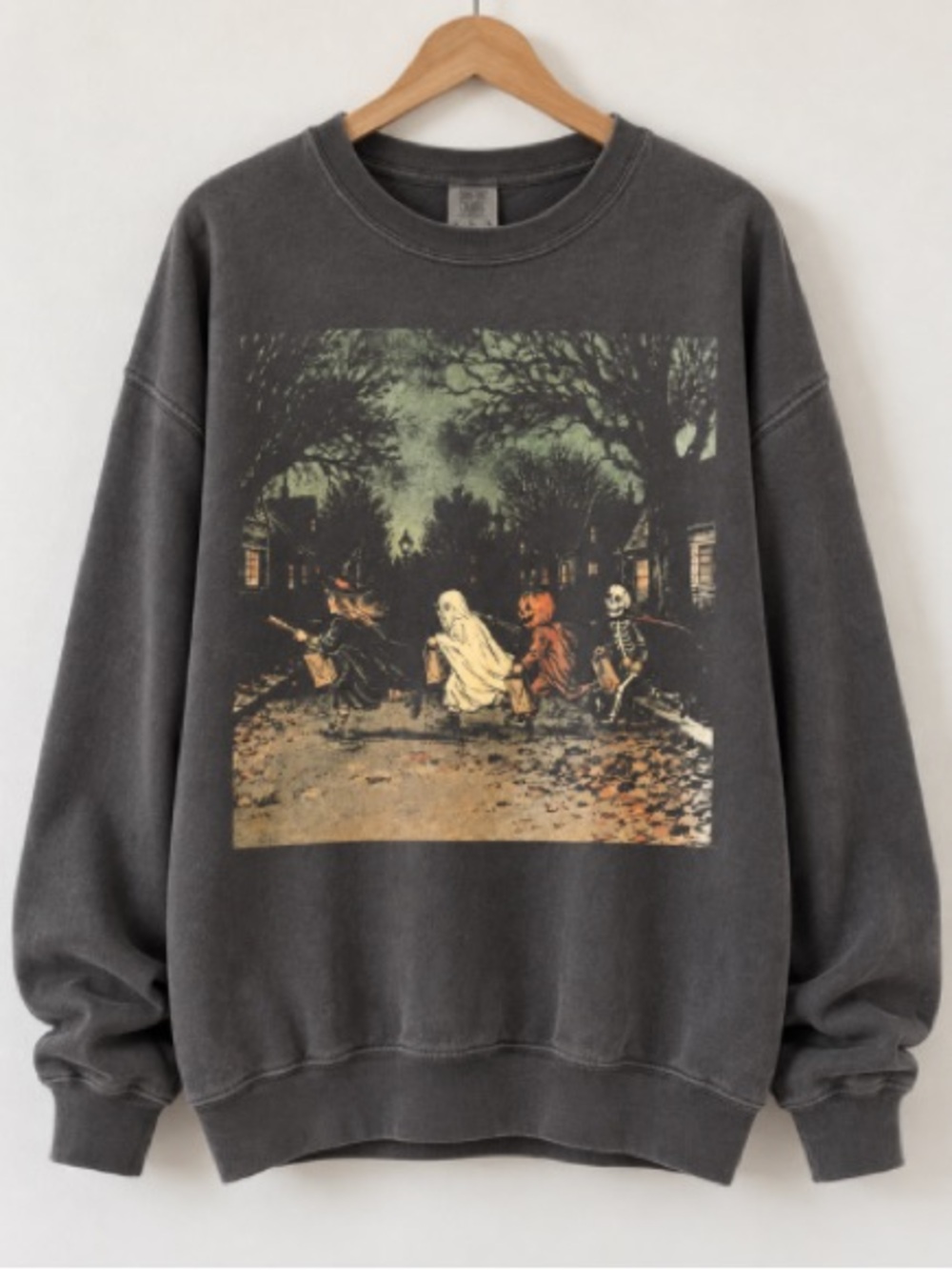 Dark Halloween Sweatshirt Gothic Skeleton & Spooky Witch Graphic, Ghost Pumpkin - Picture 3 of 7